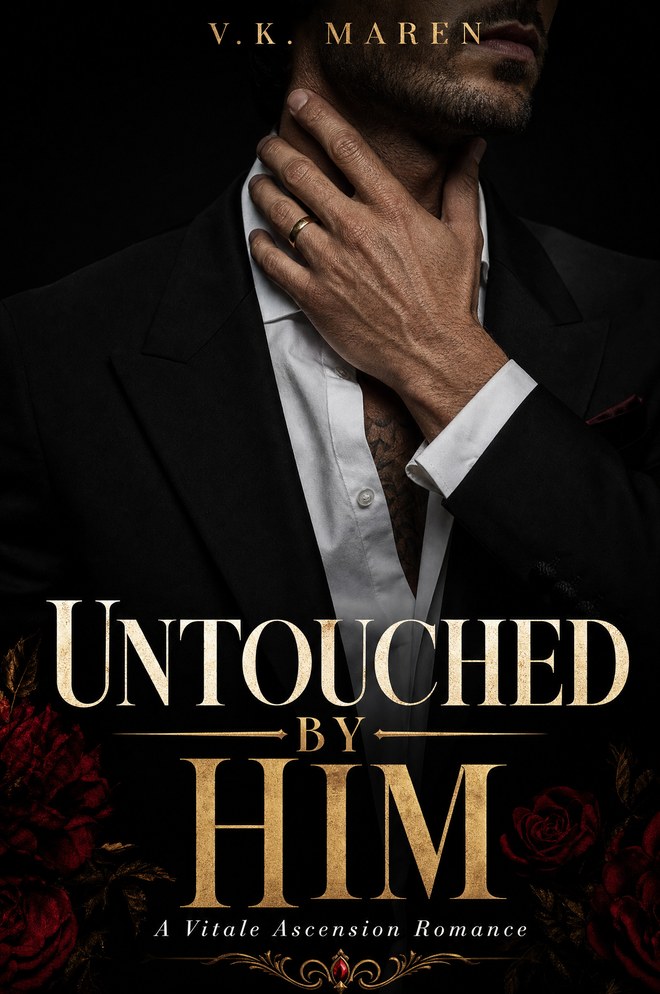 Untouched by Him by V.K. Maren – dark mafia romance book cover. A man's silhouette against a woman's face, crimson accent, Chicago winter backdrop.